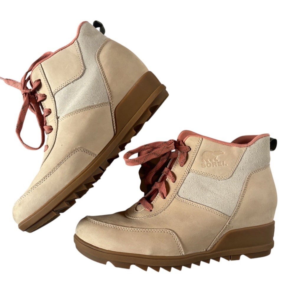 Sorel Waterproof Wedge Lace Up Ankle Boots Peach Tan Cream Leather Suede 8.5 Wom